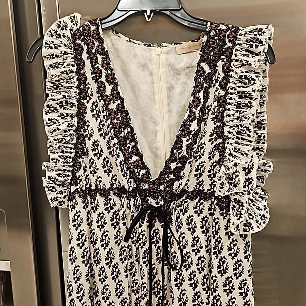 💕TORY BURCH Amita Appliquéd Printed Cotton Maxi Dress Ivory Guru Border Print 0